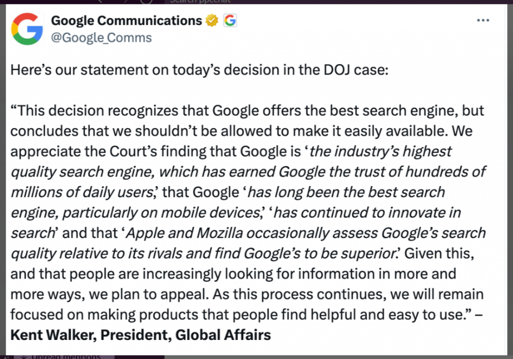 Google statement on Antitrust case