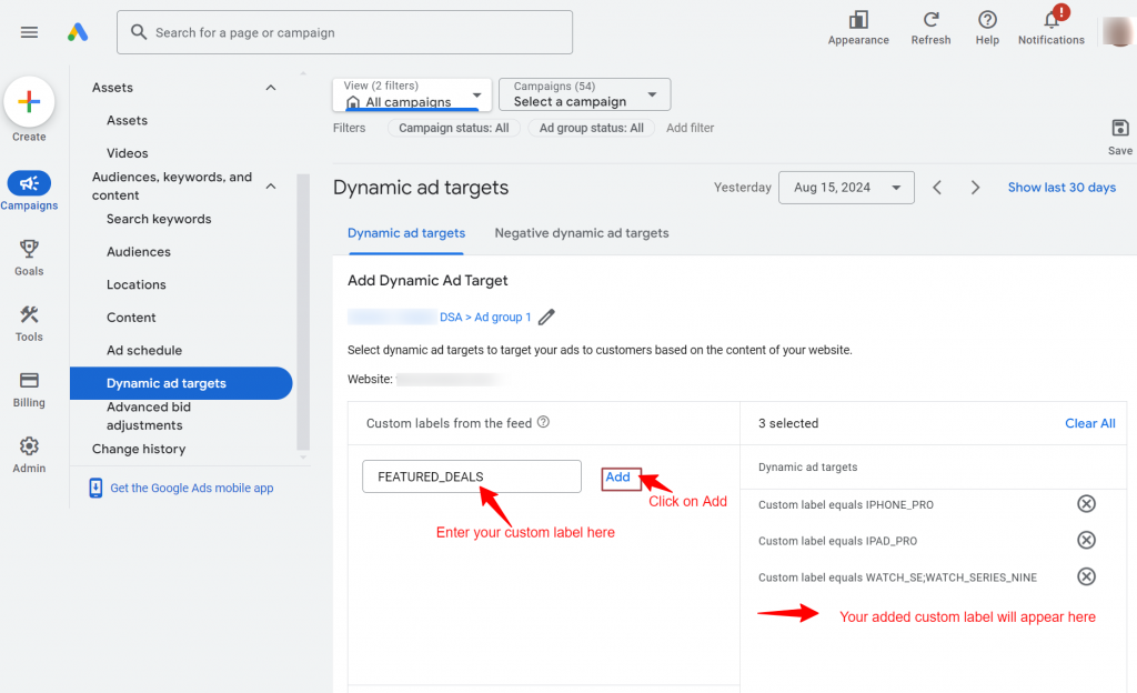 Dynamic ad target add custom label